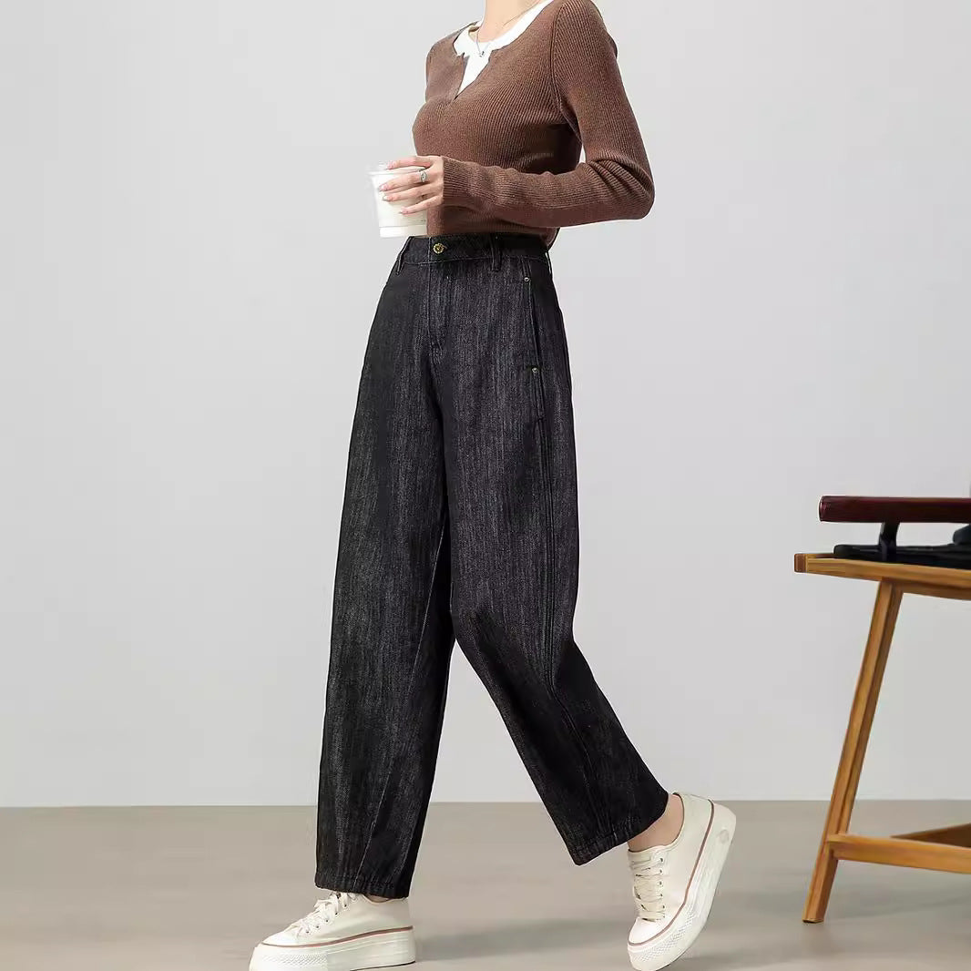 2025    Pure cotton straight Harlan pants women's spring and autumn new elastic waist loose and thin retro fashion jeans