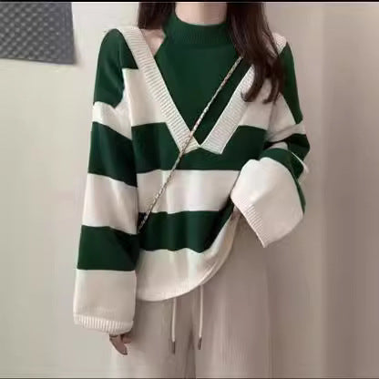 VLOVELAW Fake two-piece striped soft waxy sweater women's design sense niche spring and autumn new retro Korean loose off-the-shoulder knitted sweater