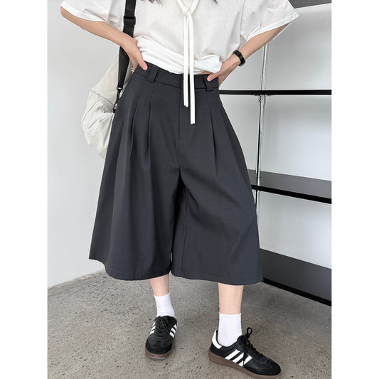 Luxi Japanese casual suit eight-point shorts women's summer new commuter pleated loose wide-leg straight-leg pants 1876