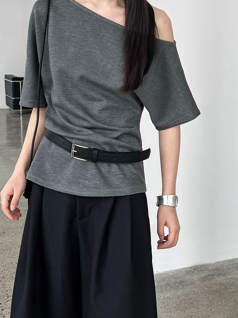 Lu Xi, lazy slanted shoulders loose short-sleeved women's summer new off-shoulder asymmetrical waist and thin T-shirt 2658