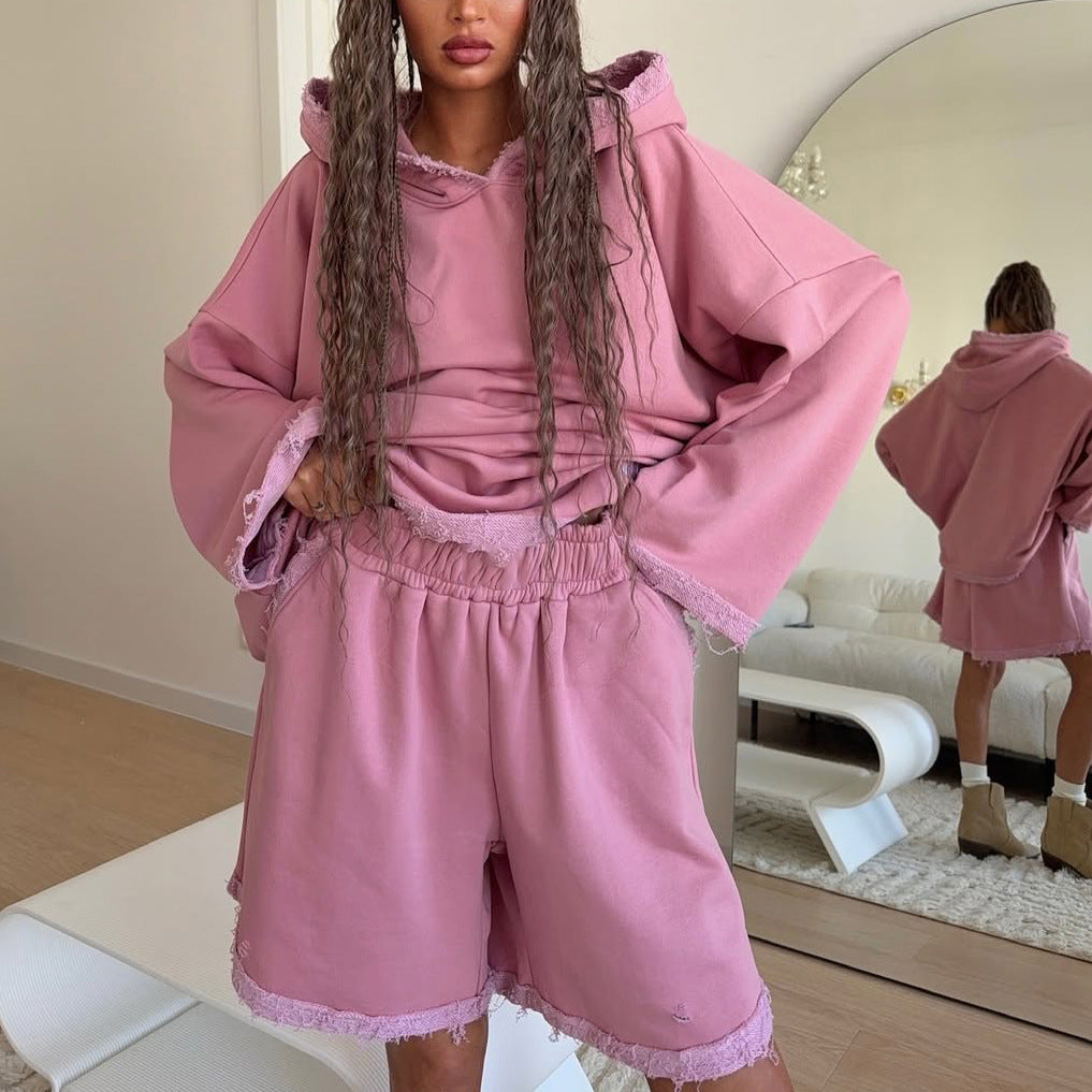 trendy brand fashion street style oversize rough edge hooded top elastic waist five-point pants sweater suit women