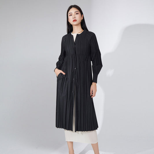 2025 black coat women's simple and versatile high-end pleated trench coat women's medium and long autumn new loose coat