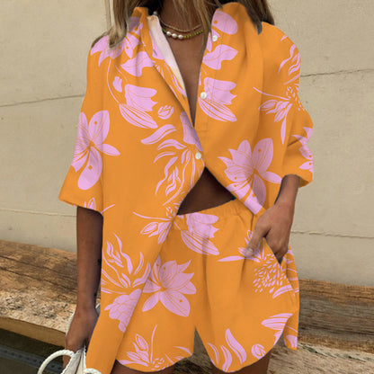 VLOVELAW European and American New Women's Clothes Cross-Border Lapel Short Sleeve Printed Shirt Two-Piece Set Wide Leg Elastic Waist Pants Shorts
