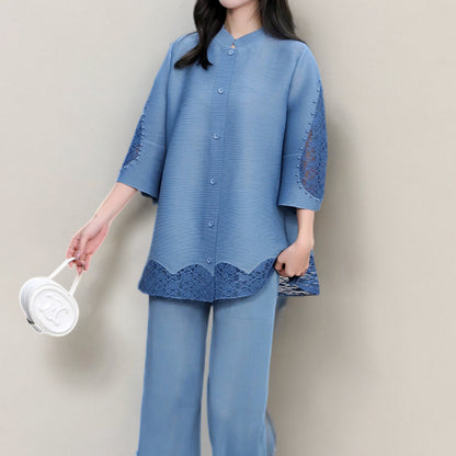 2025 Mom dress two-piece set loose large size lace versatile cardigan top straight pants casual suit spring