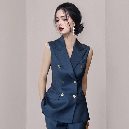 summer new dark blue double-breasted suit collar sleeveless vest professional women's nine-point pants suit suit women