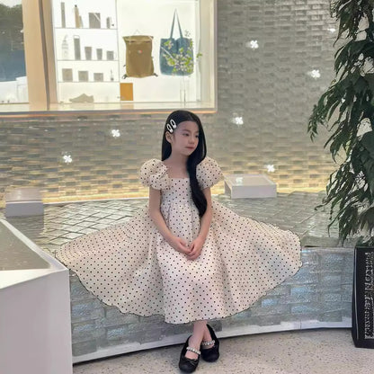 VLOVELAW Girls Dress  Summer Advanced Pearl Puff Sleeve Polka Dot Formal Dress Birthday Dress 61 Princess Skirt