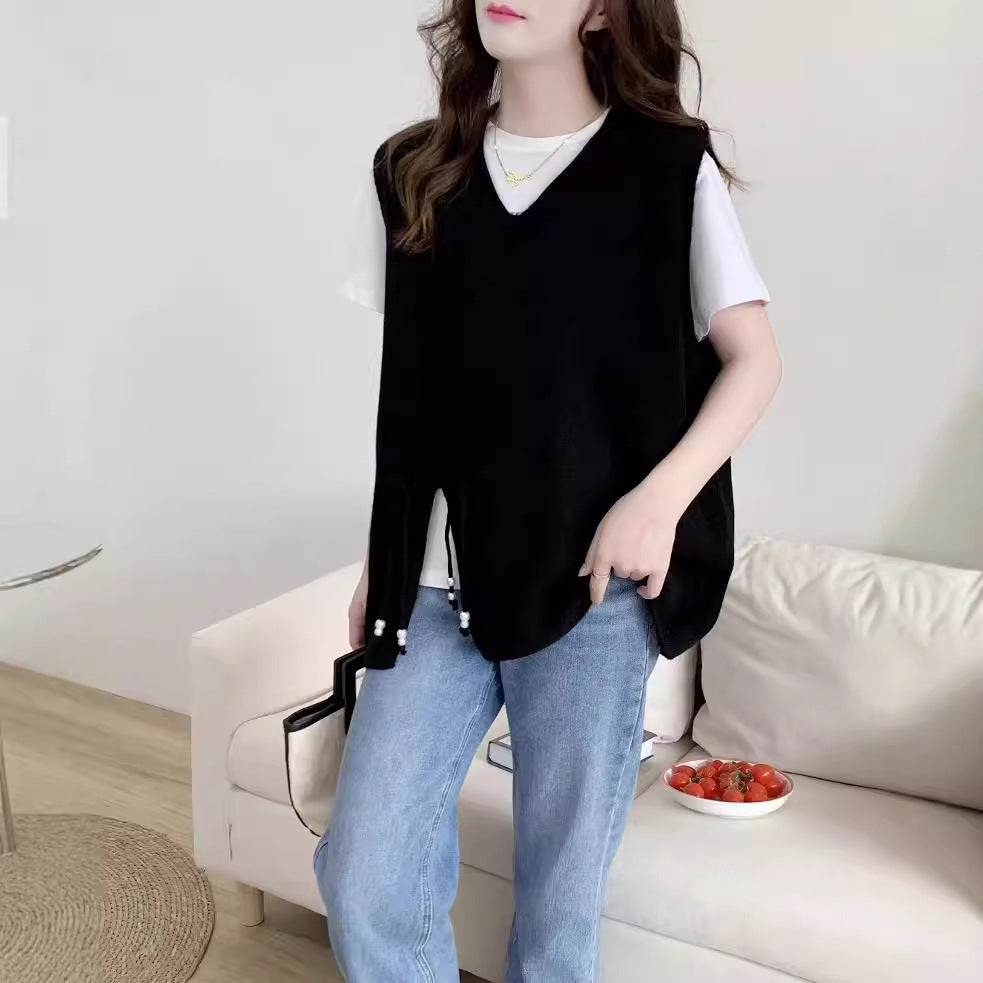 VLOVELAW Spring and Autumn New Sweater Women's Vest Knitted Vest Lazy V-Neck Loose Lace-up Cover Over Vest Wear Outside
