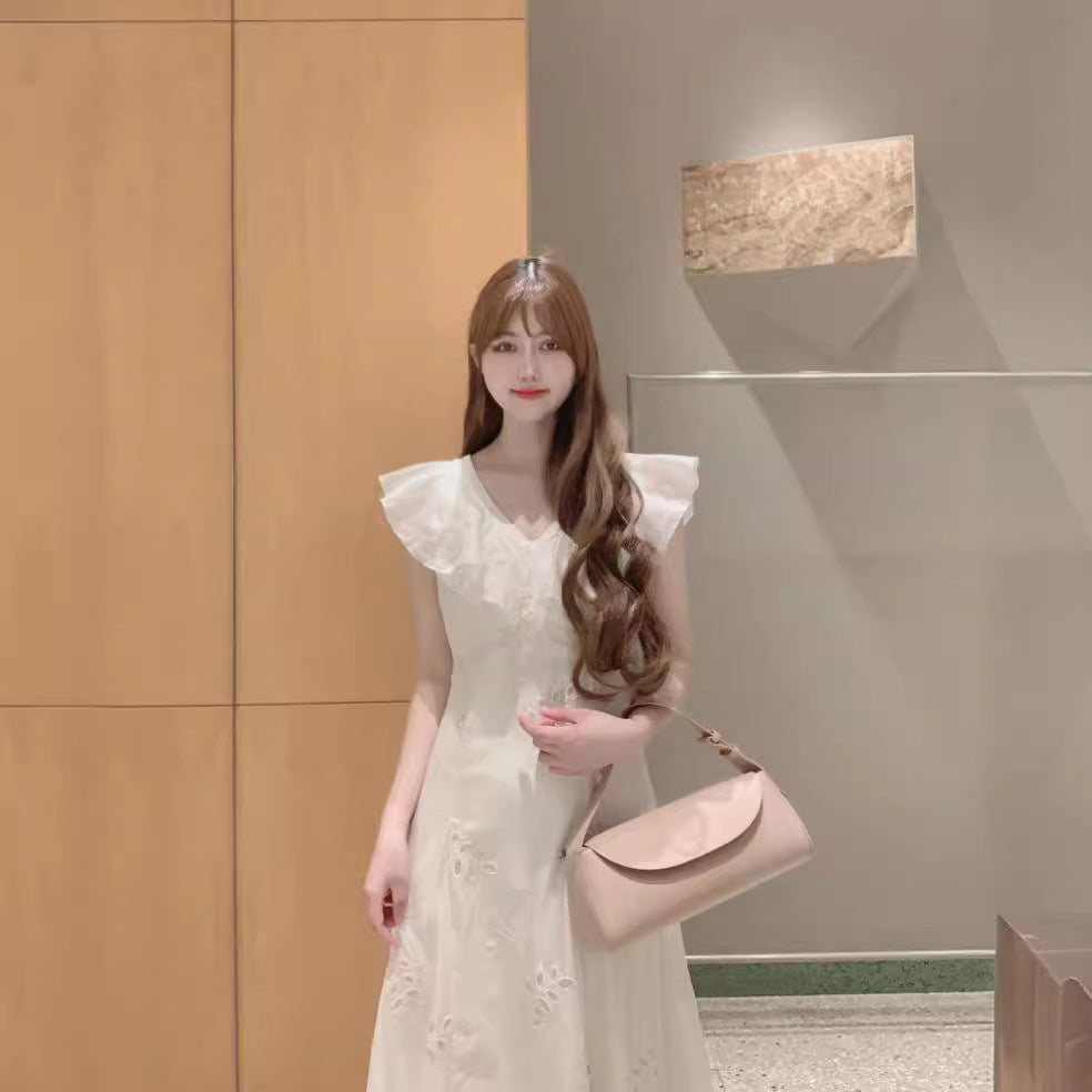 VLOVELAW [Golden Girl] S's 24 New Japanese Style V-neck Flounce Flying Sleeve Hollow Embroidery Dress 24039#