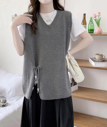 VLOVELAW Spring and Autumn New Sweater Women's Vest Knitted Vest Lazy V-Neck Loose Lace-up Cover Over Vest Wear Outside