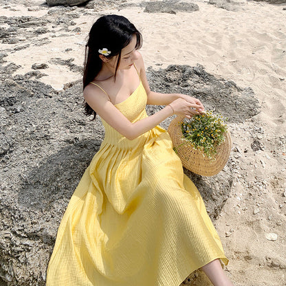 VLOVELAW Retro Yellow Waist Trimming Spaghetti Straps Dress Women's Summer Summer  New Seaside Vacation Gentle Sexy Long Dress