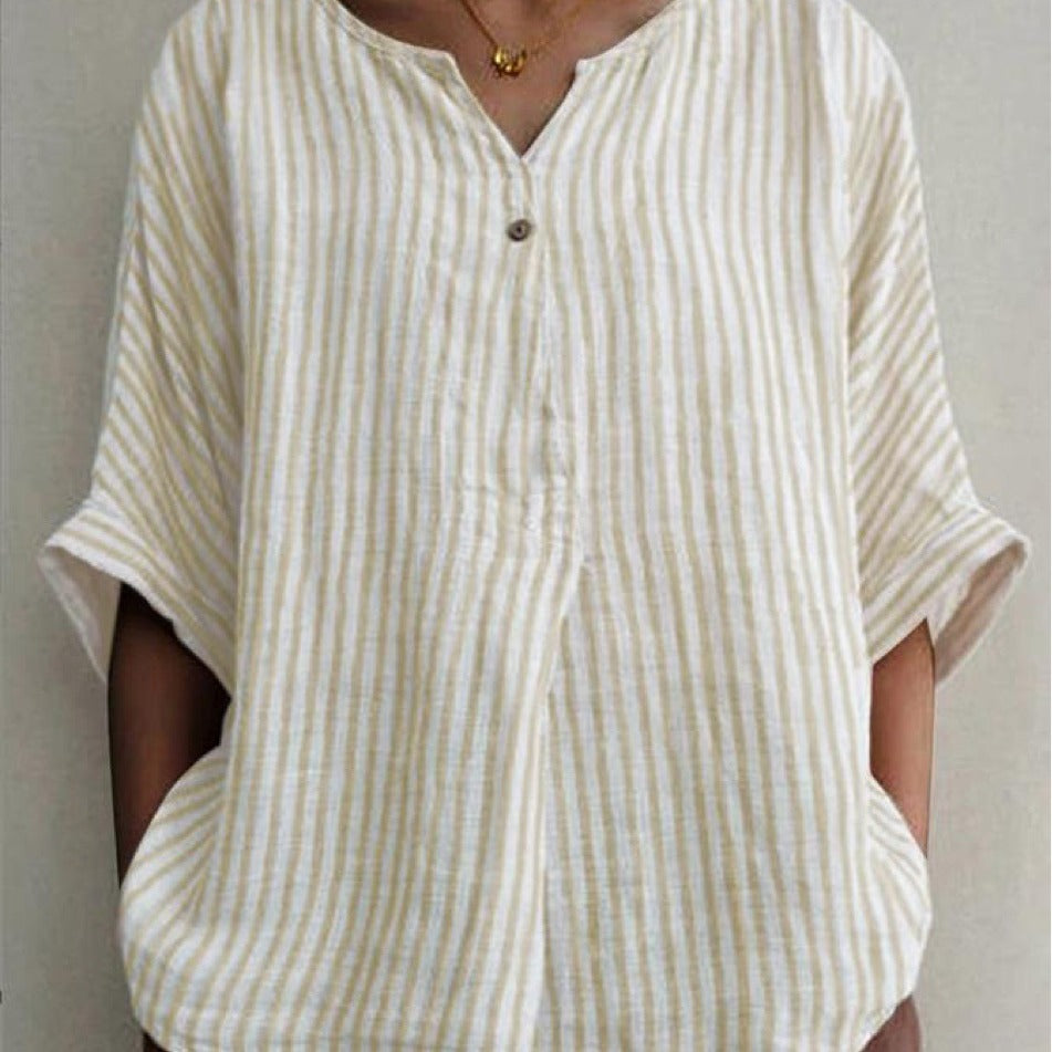 VLOVELAW  New V-neck Striped Loose Short-Sleeved Cotton and Linen Shirt Leisure Artistic Versatile Top in Stock