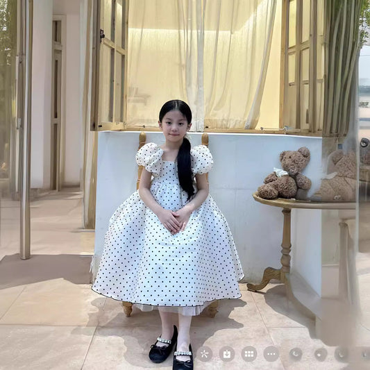 VLOVELAW Girls Dress  Summer Advanced Pearl Puff Sleeve Polka Dot Formal Dress Birthday Dress 61 Princess Skirt