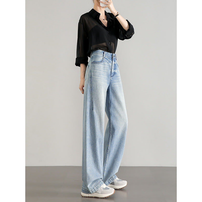 2025  Big brand flat for light color high waist loose wide leg jeans women's light blue retro pure cotton high quality casual pants