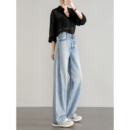 2025  Big brand flat for light color high waist loose wide leg jeans women's light blue retro pure cotton high quality casual pants