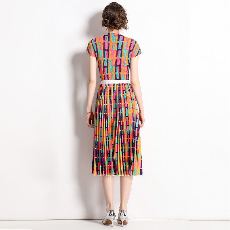 Pleated  summer dress Popular style printed top set fashionable and thin skirt two-piece set chiffon wear