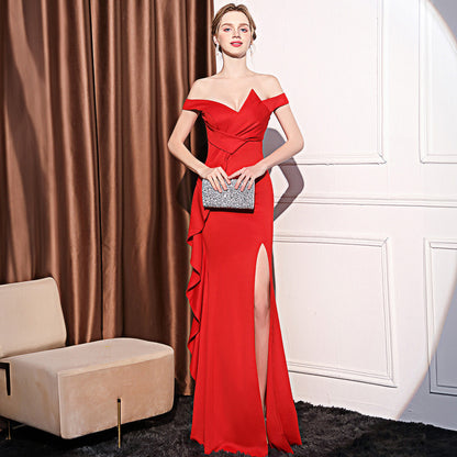 2025 Evening dress skirt Women's high-end temperament light luxury company annual meeting host banquet one-word shoulder long fishtail dress