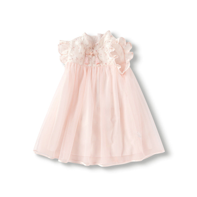 VLOVELAW Girls Dress Baby  Spring and Summer New Children's Mesh National Style Cheongsam and Dress Pure Cotton Princess Style