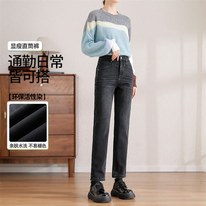 2025    Straight jeans women's new spring and autumn models blue high-waisted narrow version small pipe pants