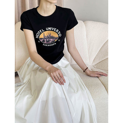 2025 Tachibana popular summer new T-shirt top women's Korean round neck waist retro niche printing short sleeve 2409-1