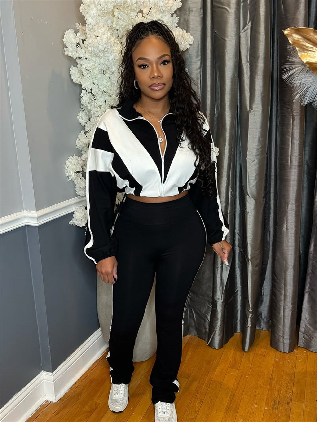 New explosion, Popular trade loose leisure street trend contrasting color zipper jacket trousers sports style suit women