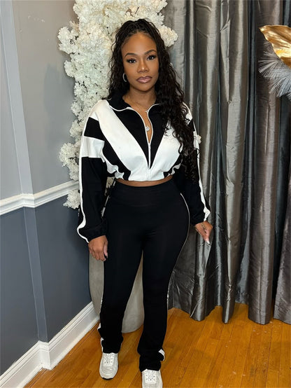 New explosion, Popular trade loose leisure street trend contrasting color zipper jacket trousers sports style suit women