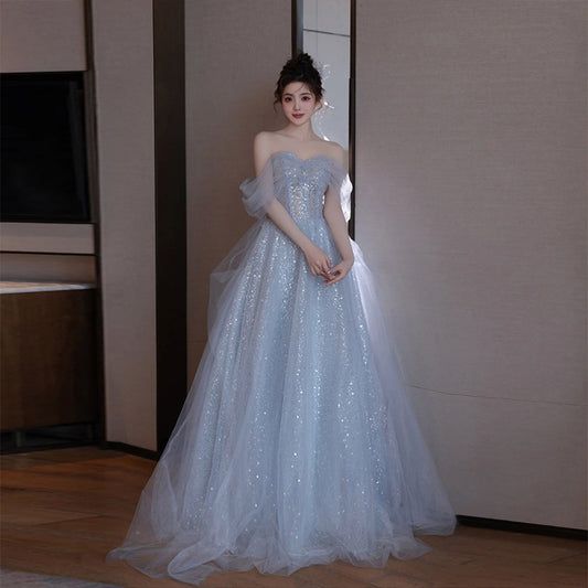 2025 Evening dress advanced sense  new blue banquet temperament light luxury vocal art test host haute couture birthday gauze skirt