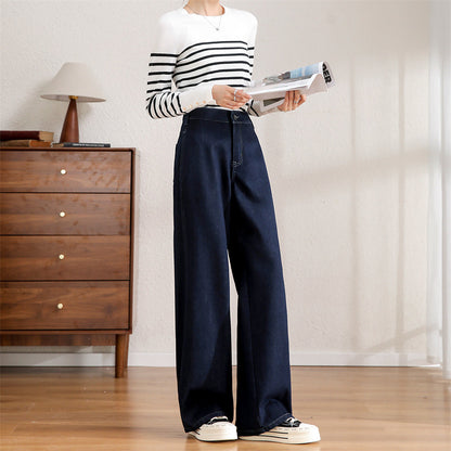 2025    2025n loose straight casual pants women's winter new high-waisted warm washed blue floor-mopping jeans