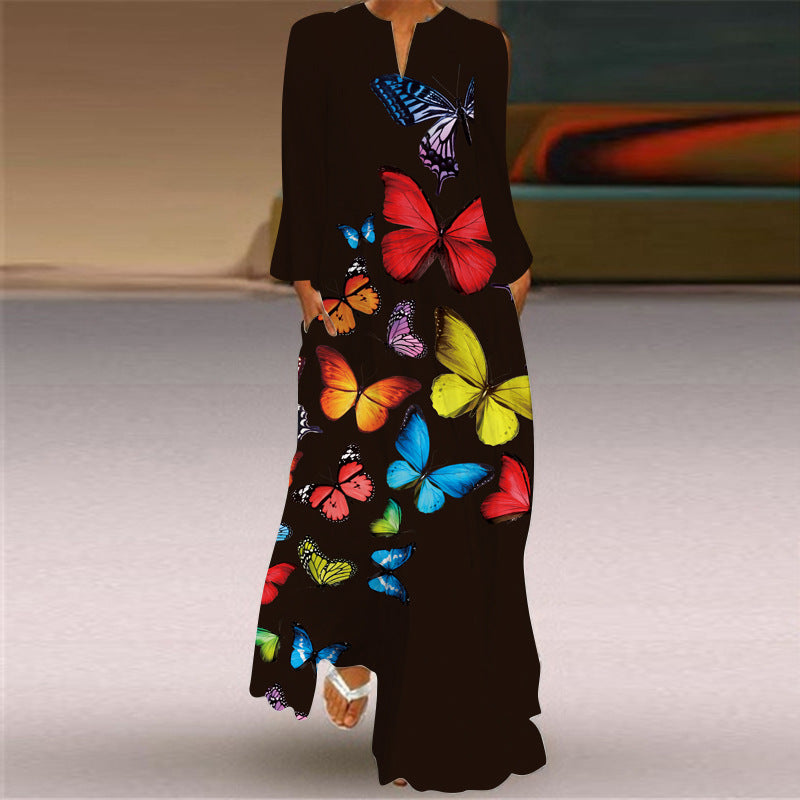 VLOVELAW European American Summer New Women Vintage Butterfly Print Long Dress V-neck Long Sleeve Pocket Summer Dress