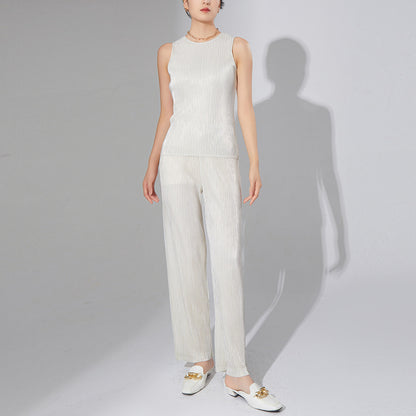 2025 women's clothing premium pleated two-piece set metal niche chic T-shirt top drape casual pants set