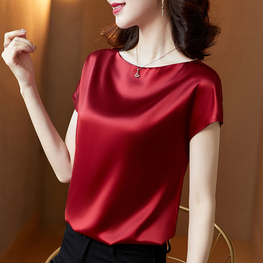 VLOVELAW round Neck Short-Sleeved T-shirt Women's Pure Color Mulberry Silk Textured Top plus Size Loose Satin Base Shirt First-Hand Supply Batch