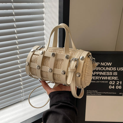 VLOVELAW 2025 Straw rivet pillow bag women's popular new fashion versatile shoulder messenger bag Korean version niche portable cylinder bag