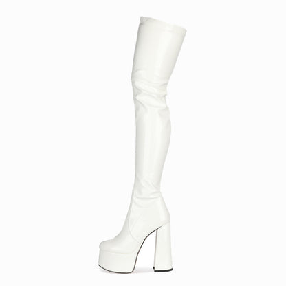 Cross-Border Foreign Trade Fashion New Chunky Heel Waterproof Platform Patent Leather round Toe High Heel White over-the-Knee Boots plus Size Women's Boots 45