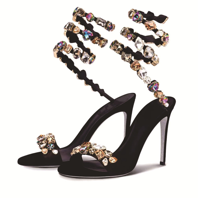 Factory Direct Supply Snakelike Winding Sandals Women's European and American Stiletto Open Toe Colorful Rhinestone Sexy Ankle Lace-up High Heels