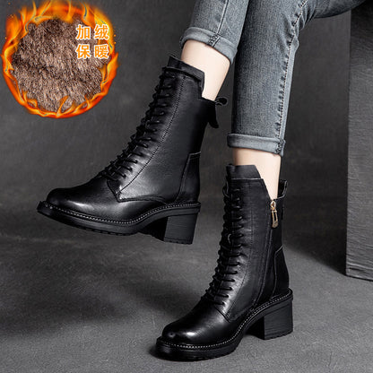 Shanghai Jie Shu Autumn New round Head Chunky Heel Cowhide in Stock Fashion Martin Boots Mid-High Heel Side Zipper Smoke Pipe Boots