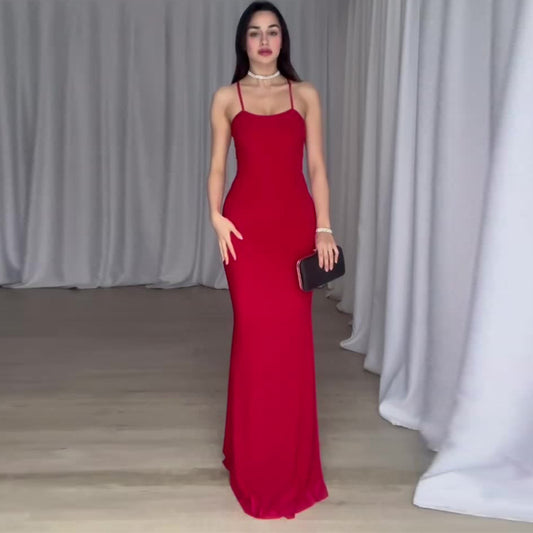 VLOVELAW Summer New  Cross Border  Cross-Border Solid Color Adult Lady like Woman Style Sexy Backless Mopping Evening Dress