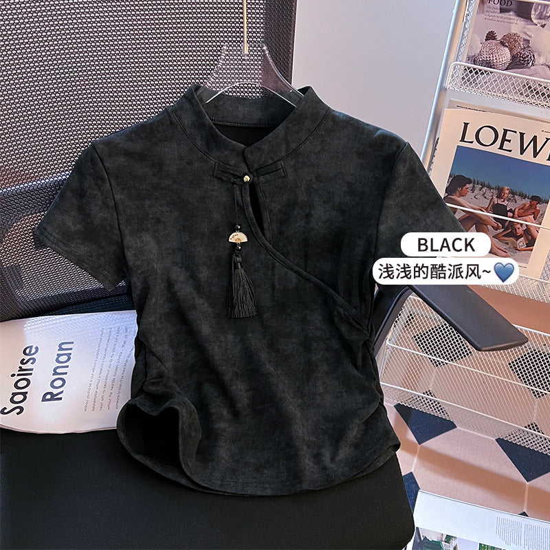 VLOVELAW Retro National Style New Chinese Style Frog Button Short Sleeve T-shirt Women's Summer  New Pleated Waist Tight Short Tie-Dyed Top