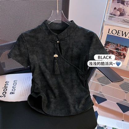 VLOVELAW Retro National Style New Chinese Style Frog Button Short Sleeve T-shirt Women's Summer  New Pleated Waist Tight Short Tie-Dyed Top