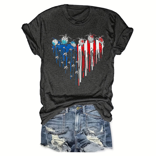 VLOVELAW Carney Carney  Cross Border Women's Love Flag XINGX Turtle round Neck Short Sleeve T-shirt