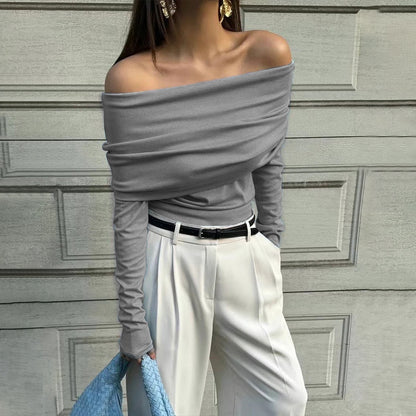 VLOVELAW 2025 New new 2025 style one-word shoulder temperament open shoulder design sense slim and thin chest-wrapped knitted sweater women