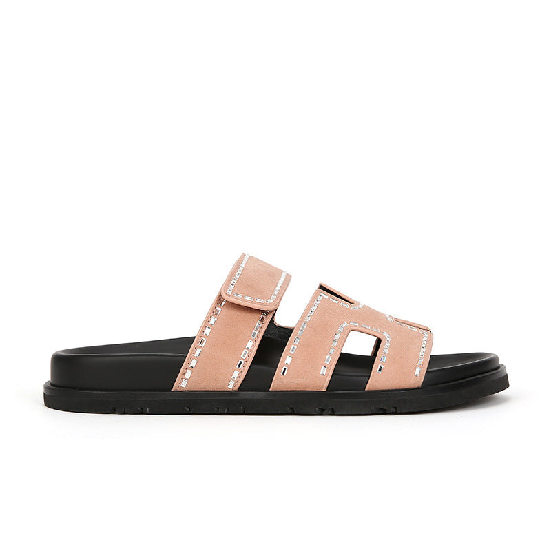 VLOVELAW  Su Cojin Same Super Second Uncle ~ New Color Leather Velcro Thick Bottom H Slippers Women's Sandals for Outer Wear Summer 2025