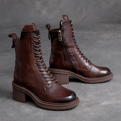 Shanghai Jie Shu Autumn New round Head Chunky Heel Cowhide in Stock Fashion Martin Boots Mid-High Heel Side Zipper Smoke Pipe Boots