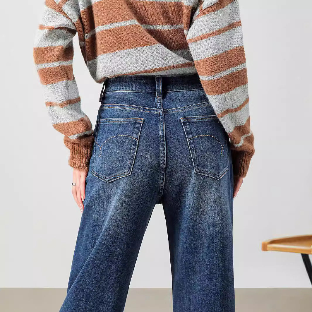 2025  Pure cotton spring and autumn high waist and thin retro jeans women's casual versatile straight-leg pants trousers women