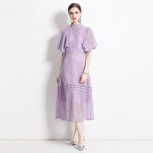 summer new stand-up collar flying sleeves temperament waist thin lace banquet dress long skirt a-word skirt