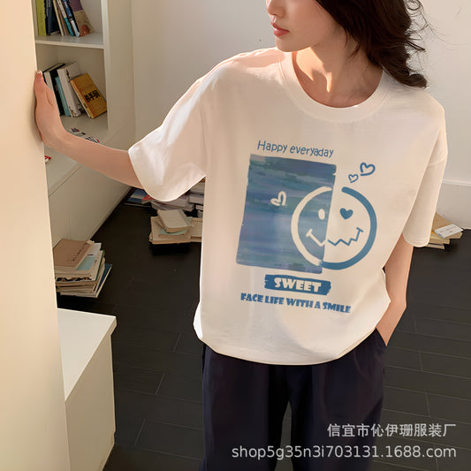 VLOVELAW Summer Women's Cotton Short-Sleeved T-shirts Women's  New Versatile Simple Style Loose Half-Sleeve Top Ins Trendy White