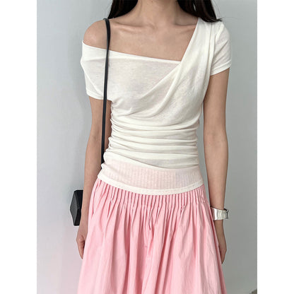 Luxi  slanted shoulder swing neck short-sleeved T-shirt women's summer silk wool soft waxy light slim slim top 2699