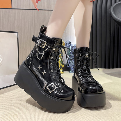 Autumn and Winter New Rivets Pendant Martin Boots Female Hot Girl Thick Bottom Increased by Belt Buckle Booties All-Matching Motorcycle Boots