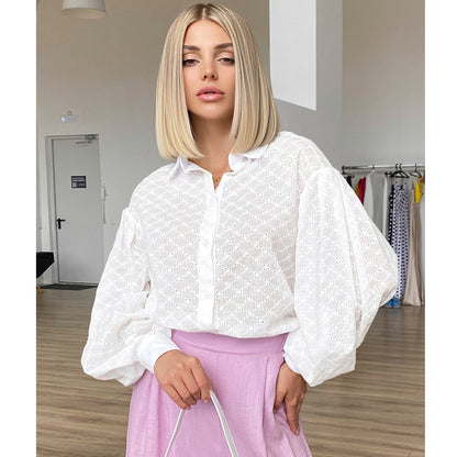 VLOVELAW , lantern sleeve jacquard shirt, 2025 popular spring temperament versatile Polo collar small hollow design shirt