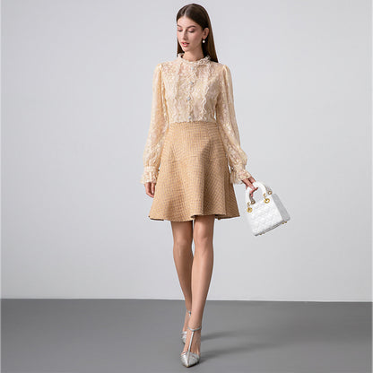 Lace shirt dress women popular autumn and winter socialite lady sweet temperament fake two A-shaped dress
