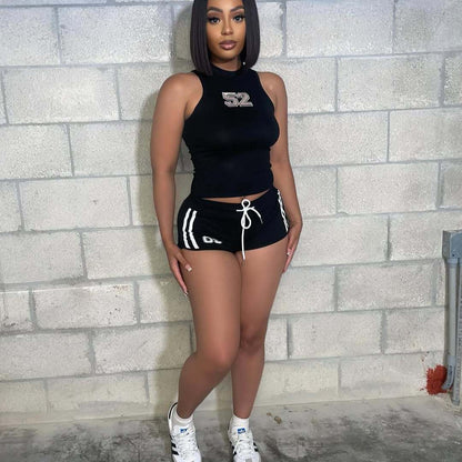 summer new women's clothing New Spice Girls printing slim-fitting round neck sleeveless top hip-wrapped lace-up shorts set