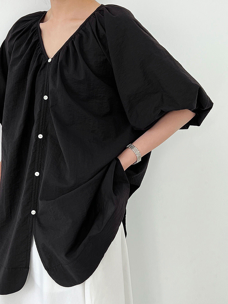 Luxi,  V-neck lazy bubble sleeve shirt women's summer new two-sided cardigan loose casual top 9746